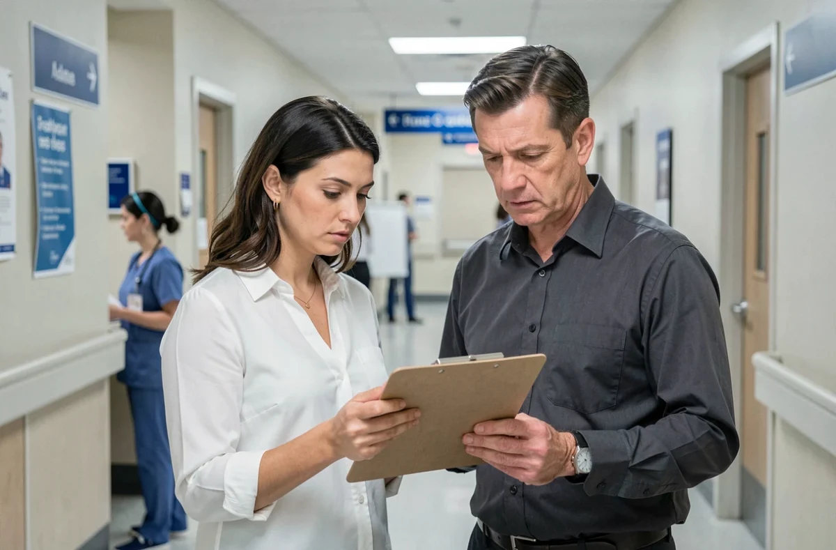 Professionnels de santé consultant un dossier de signalement dans un couloir hospitalier