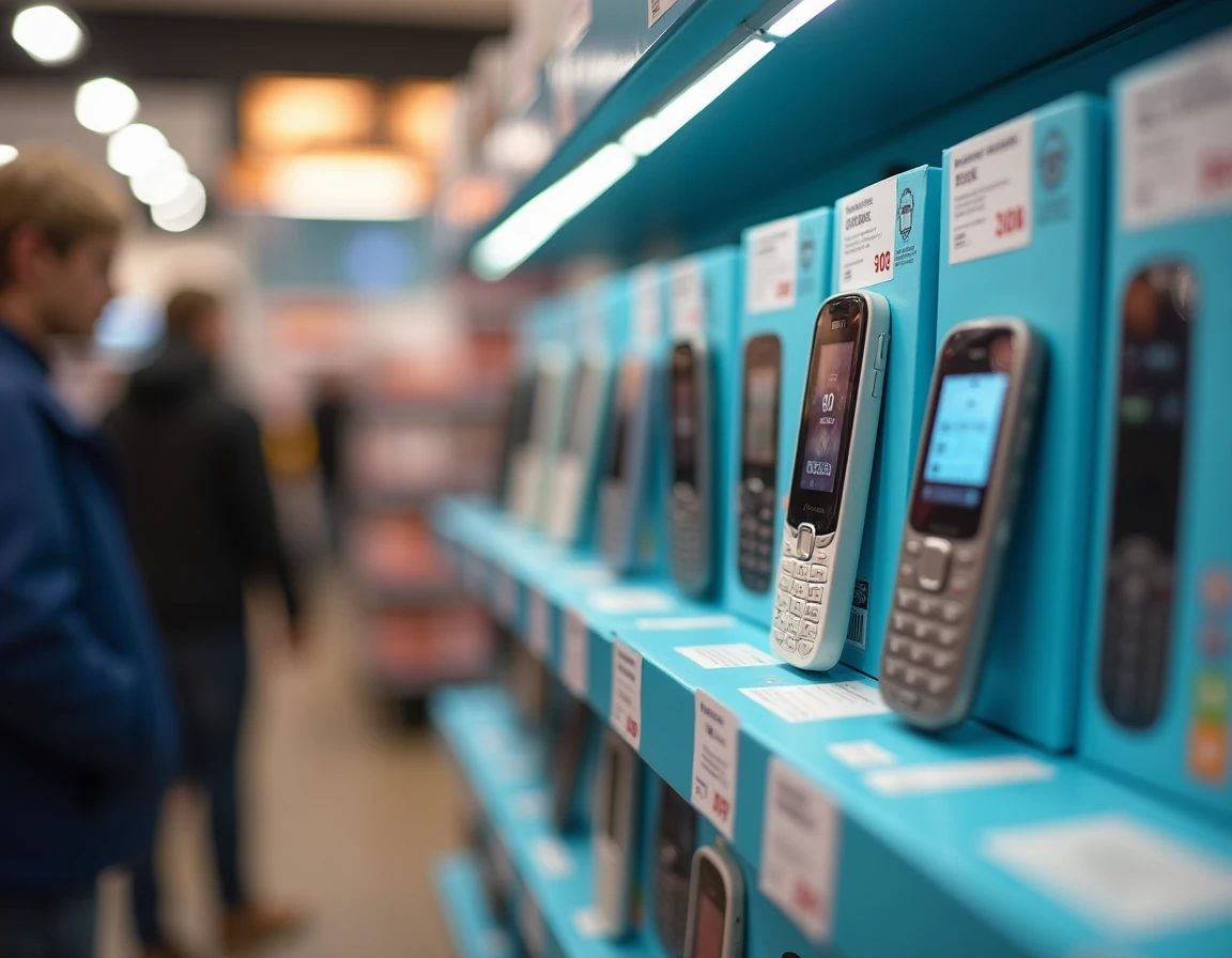 Rayon de téléphones mobiles simples débloqués en magasin de téléphonie avec étiquettes de prix, sans offres opérateurs liées