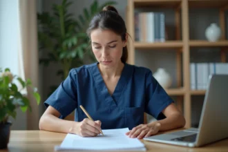 Aide-soignante rédigeant sa lettre de motivation pour un poste en EHPAD à son bureau à domicile