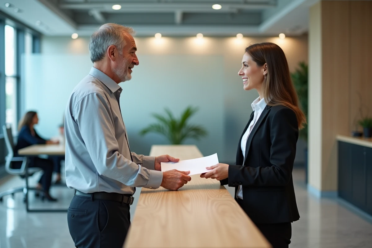 Employé senior remettant sa lettre de démission pour départ en retraite avec préavis à la réception de son entreprise