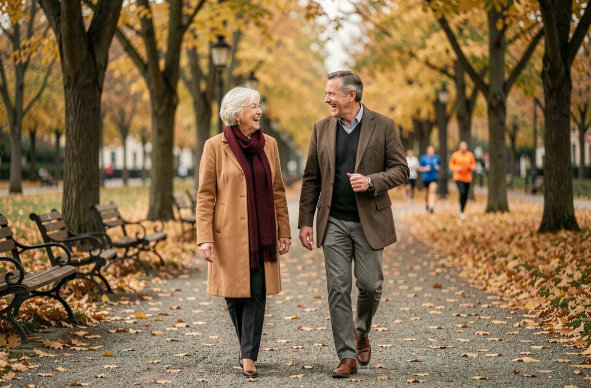Couple de seniors de 65 à 70 ans se promenant ensemble dans un parc en automne après une rencontre sérieuse
