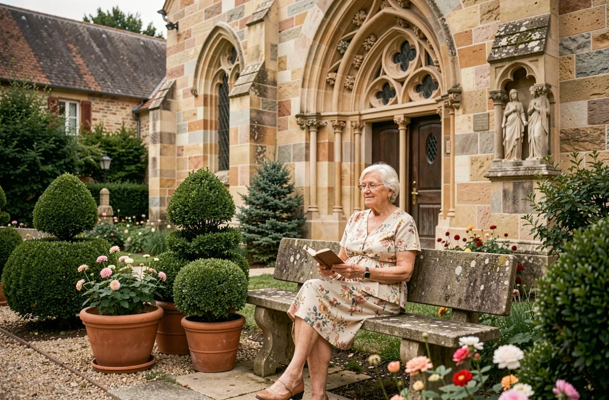 Résidente âgée dans le jardin paisible de la Résidence l'Assomption, près de la chapelle historique