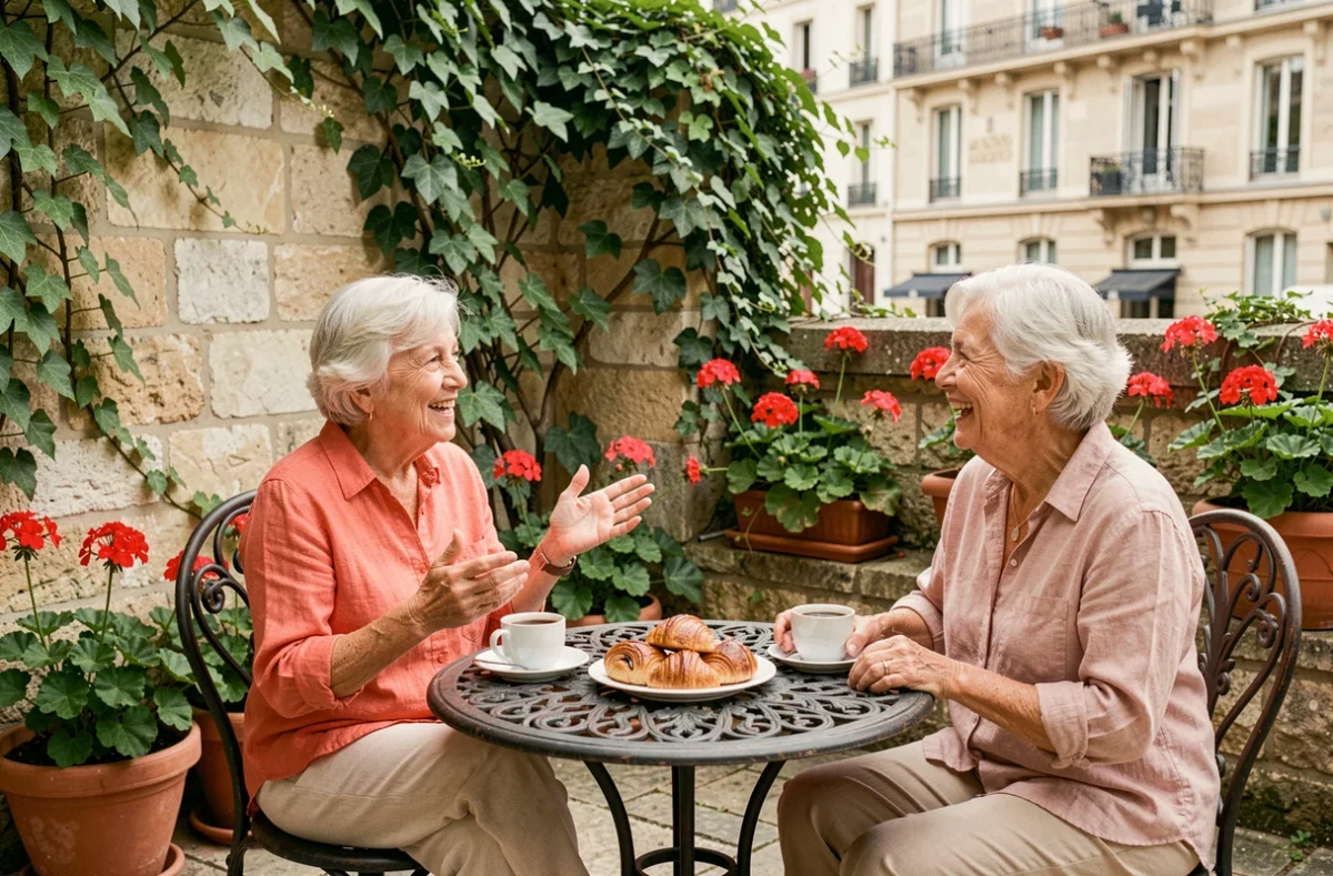 Deux résidentes partageant un café en terrasse dans le jardin de la Résidence des Régatiers à Paris