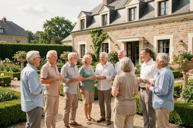 Groupe de seniors actifs dans le jardin d'une résidence senior en Loir-et-Cher