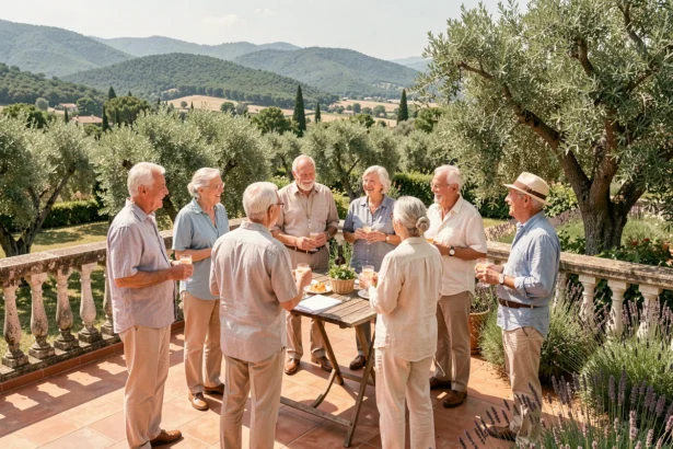 Groupe de seniors heureux sur une terrasse provençale ensoleillée dans le Var, entourés de jardins méditerranéens avec oliviers et lavande