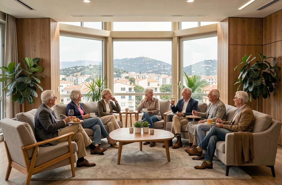 Groupe de seniors socialisant dans le salon moderne de la résidence Les Résidences Stella à Toulon, avec de grandes baies vitrées donnant sur la ville