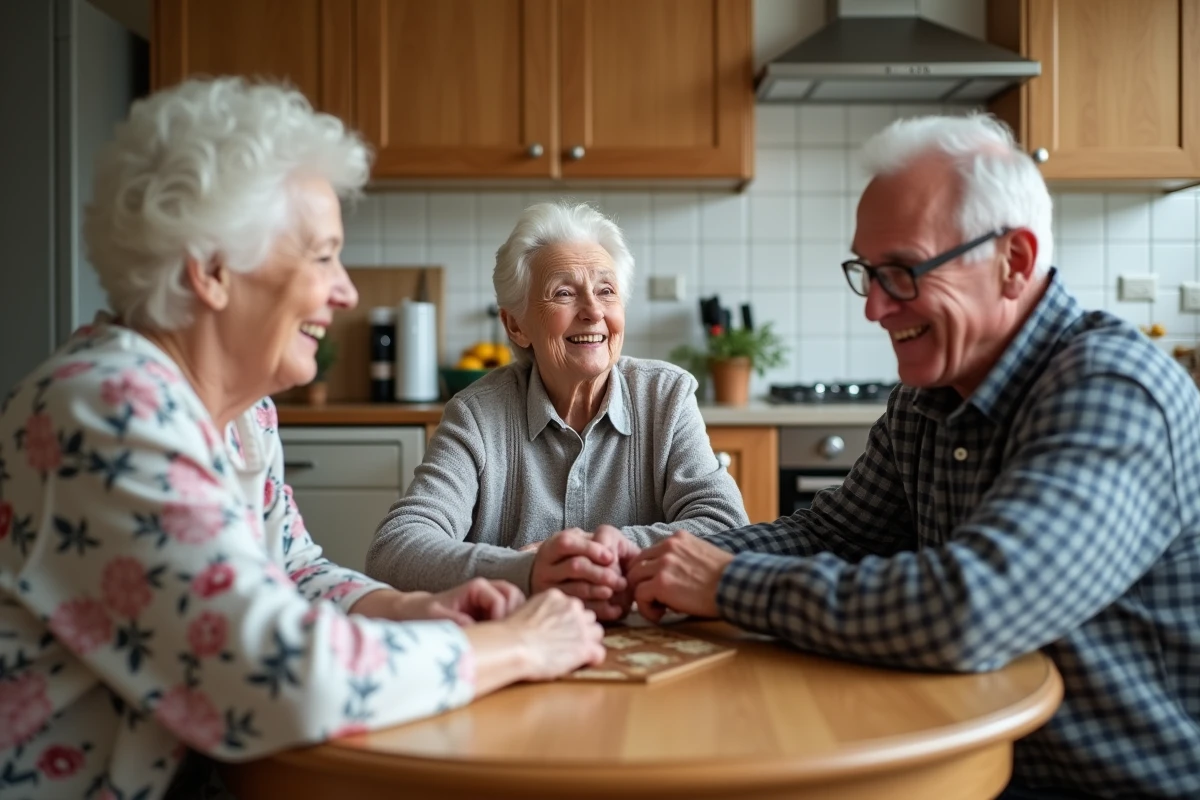 Groupe de résidents seniors jouant à un jeu de société dans la salle à manger commune d'une résidence Gestea à Lille