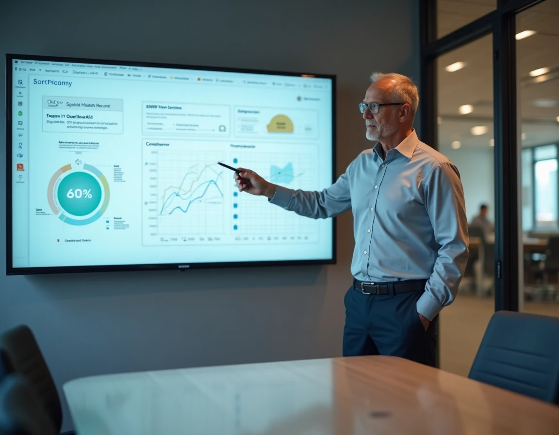 Responsable informatique santé présentant un tableau de bord DMP et tracabilité des soins en EHPAD