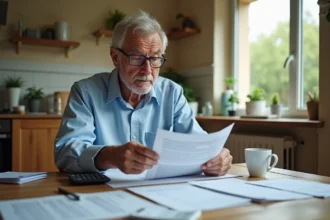 Retraité étudiant ses documents fiscaux et son avis d'imposition à la table de sa cuisine, calculatrice et relevés de pension posés devant lui