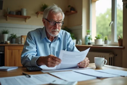 Retraité étudiant ses documents fiscaux et son avis d'imposition à la table de sa cuisine, calculatrice et relevés de pension posés devant lui