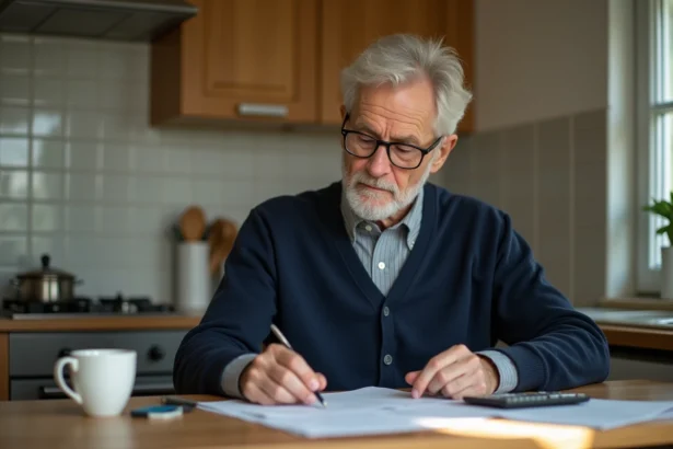 Retraité examinant ses documents de retraite complémentaire à la table de sa cuisine