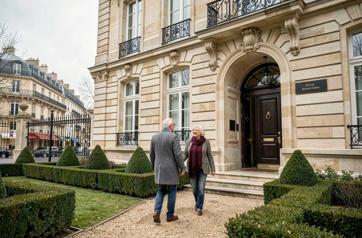 Façade classique en pierre de la Retraite Dosne à Paris avec couple de résidents à l'entrée