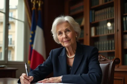 Femme politique senior en costume bleu marine consultant des documents officiels dans un bureau administratif français