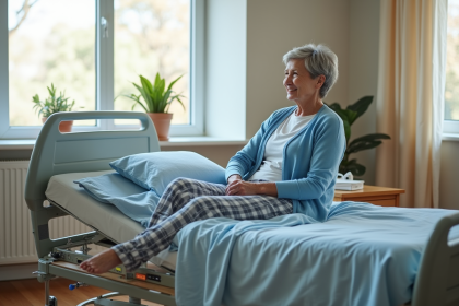 Femme âgée souriante dans un lit médical en chambre de rééducation