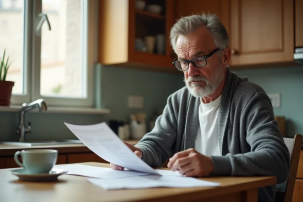 Homme en situation de handicap consultant des documents de retraite à la maison