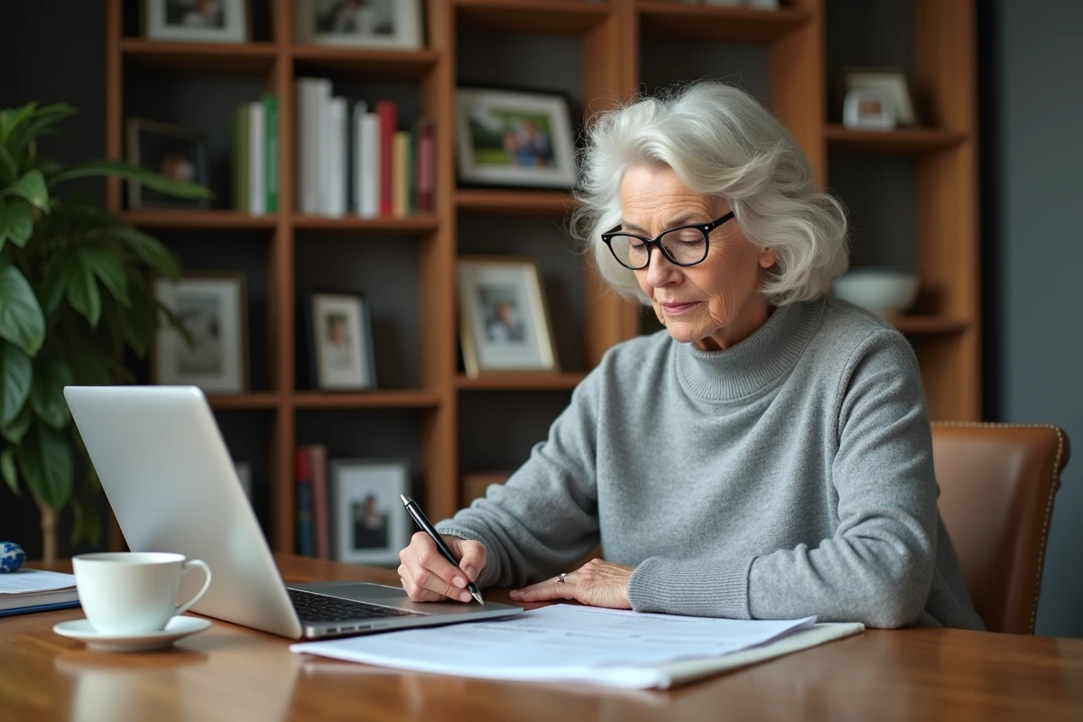 Femme retraitée remplissant sa déclaration fiscale sur son bureau à domicile