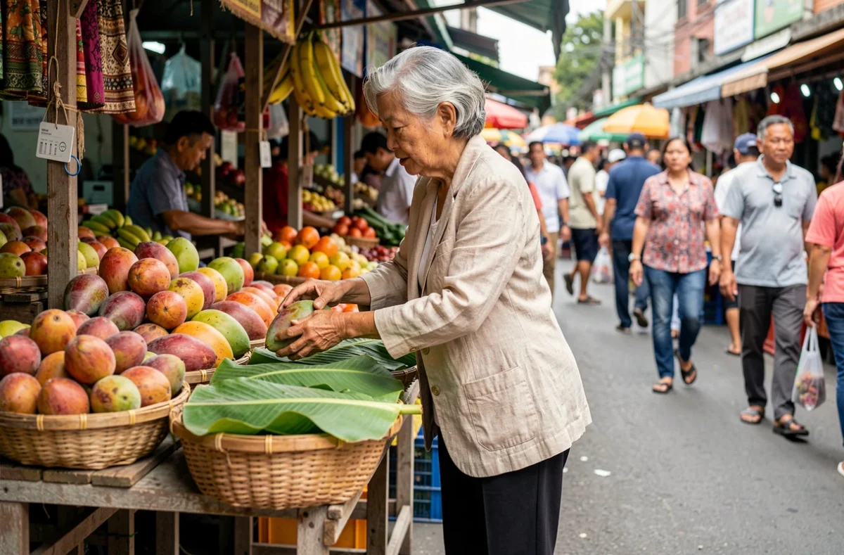 Retraitée occidentale explorant un marché local coloré en Asie du Sud-Est