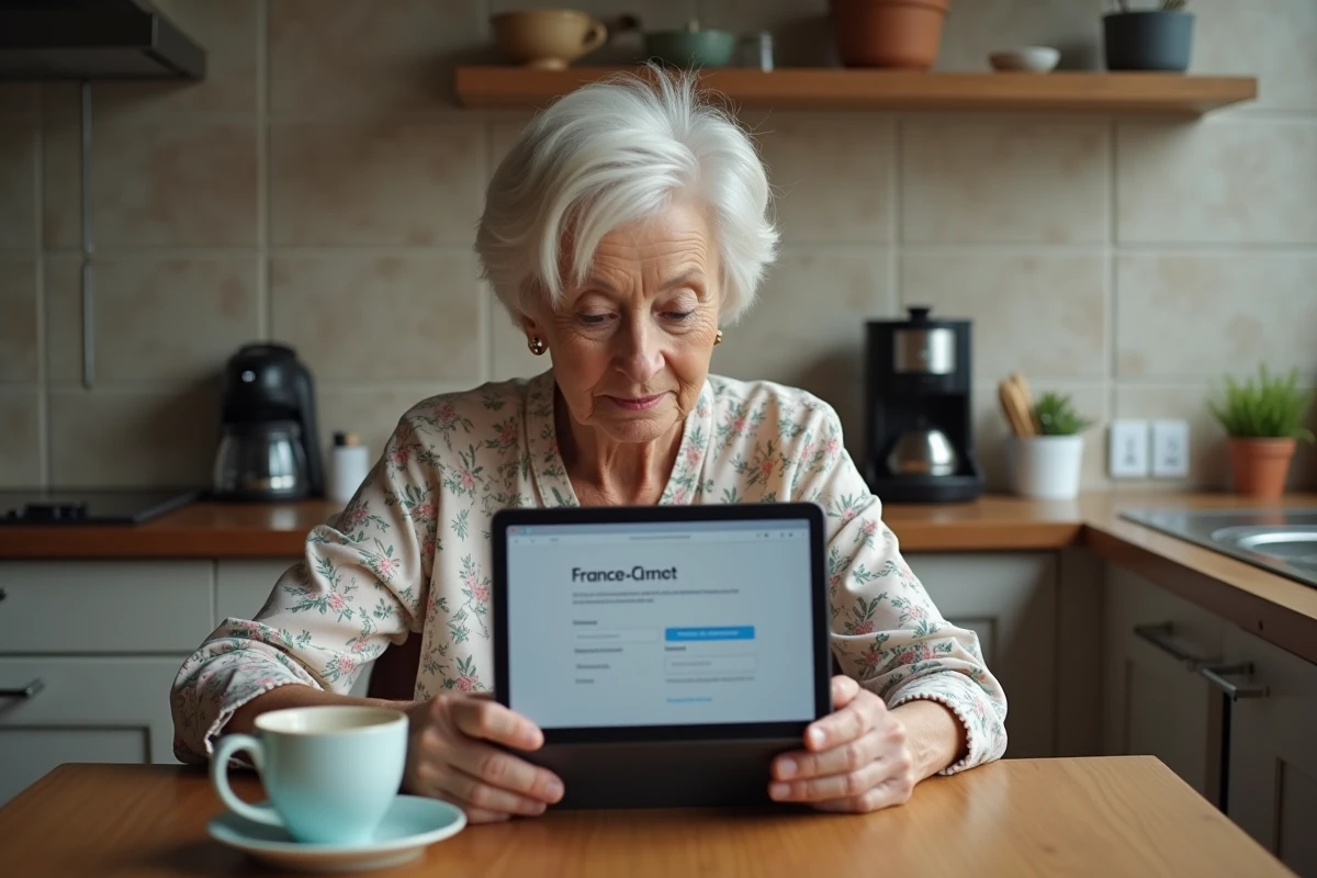 Femme retraitée consultant son espace personnel Carsat Normandie via FranceConnect sur une tablette numérique dans sa cuisine