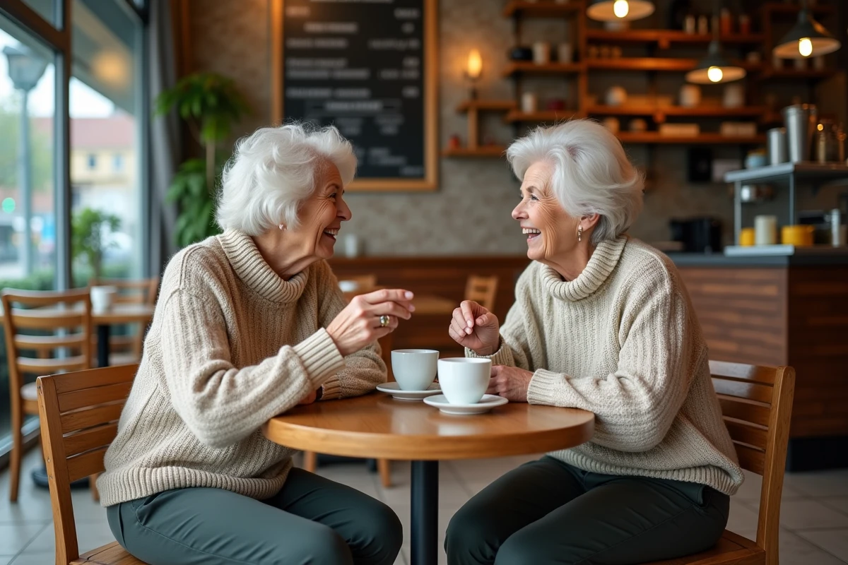 Deux retraitées anciennes aides-soignantes discutant autour d'un café dans un bistrot de quartier