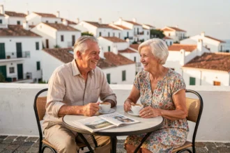 Couple de retraités souriants attablés en terrasse dans une ville côtière méditerranéenne