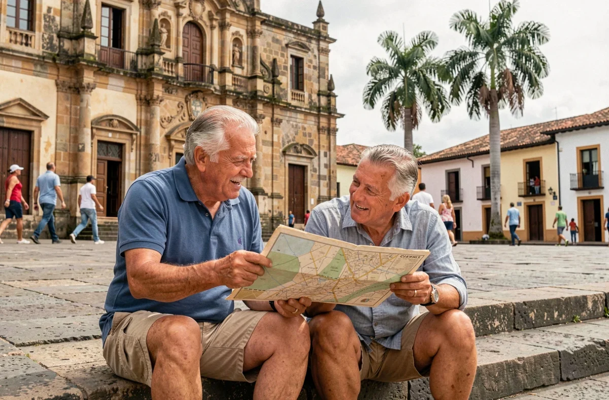 Deux retraités consultant une carte sur les marches d'une plaza coloniale en Amérique latine