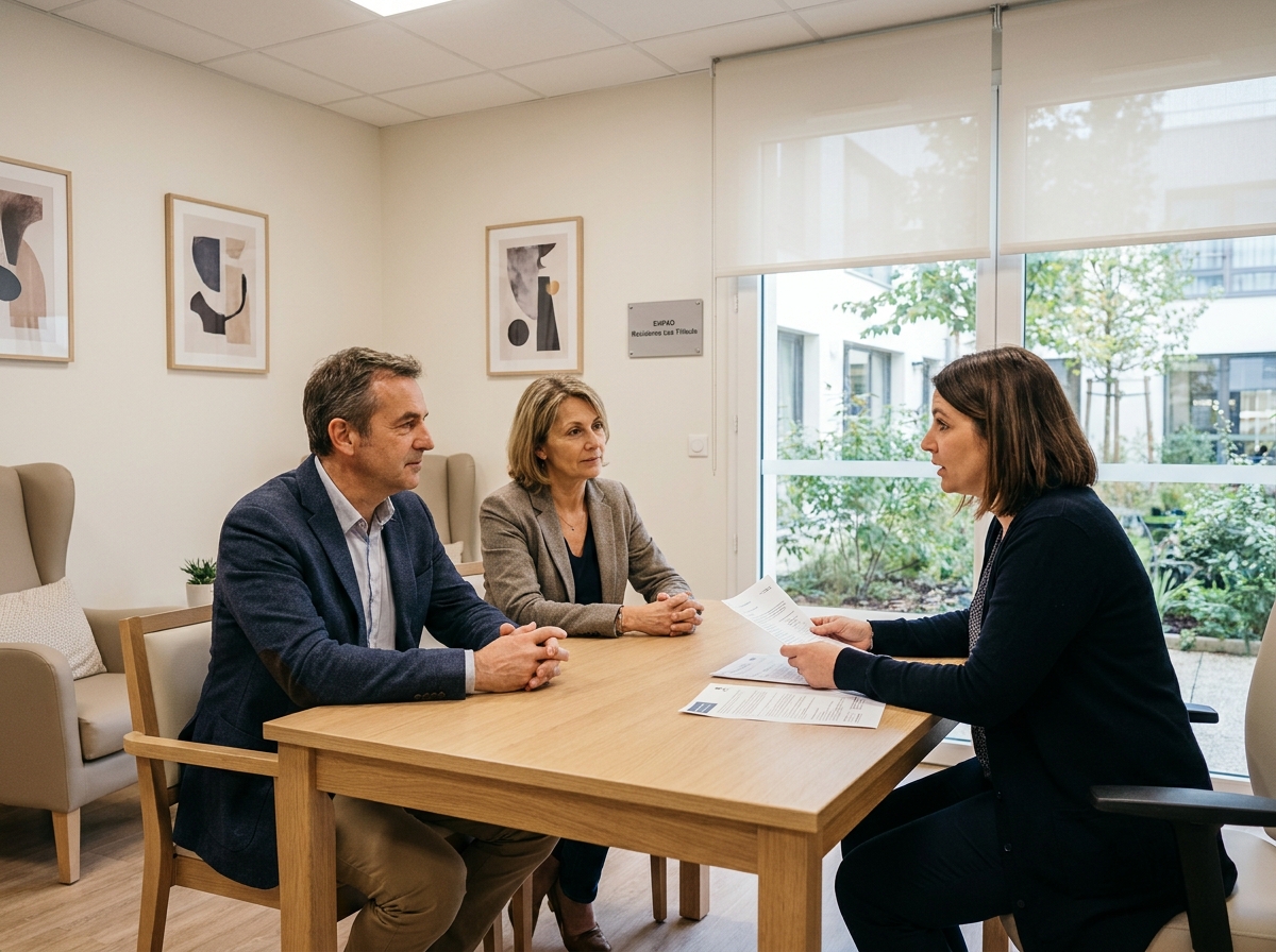Famille en consultation avec une coordinatrice d'un EHPAD à Nantes pour choisir un établissement de confiance