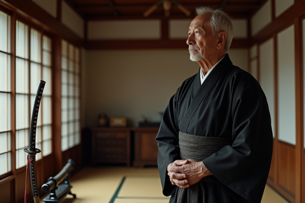 Vieux samurai japonais en kimono contemplant un katana ancien