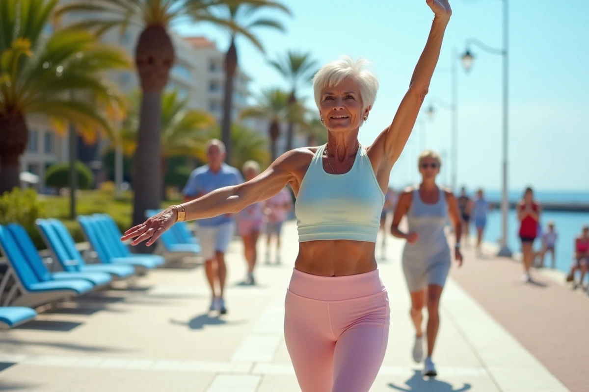 Seniors faisant du stretching sur la Promenade des Anglais