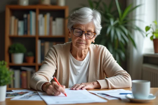Femme senior examinant des documents pour l'achat d'une chambre en EHPAD ou résidence seniors