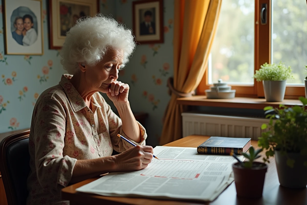 Dame âgée résolvant des mots croisés en grand caractères seule dans sa chambre près de la fenêtre