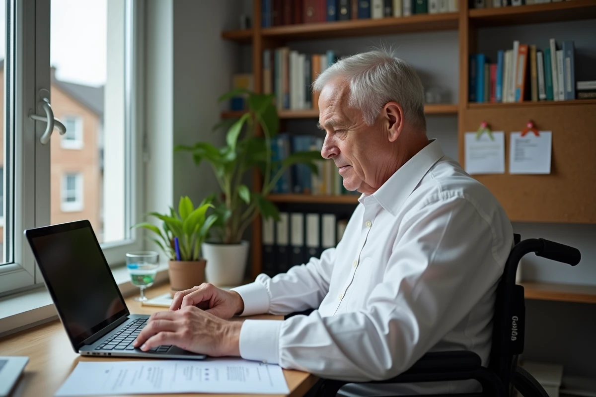 Senior en fauteuil roulant recherchant des aides financières pour compléter sa pension de retraite
