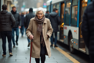 Femme âgée avec canne montant dans un bus urbain bondé