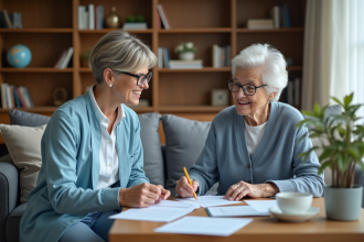 Femme âgée souriante discutant avec une assistante sociale à domicile