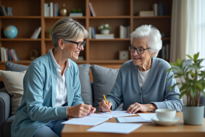 Femme âgée souriante discutant avec une assistante sociale à domicile