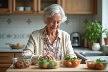 Femme senior organisée avec repas sains dans la cuisine