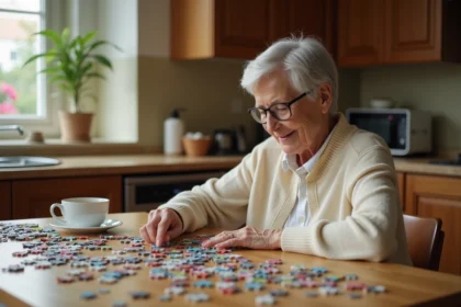 Femme senior jouant seule à un puzzle sur une table en bois dans une cuisine chaleureuse