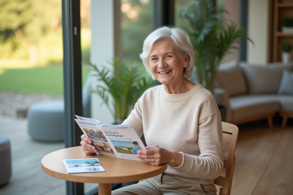 Femme senior souriante avec brochure tarifs Domitys