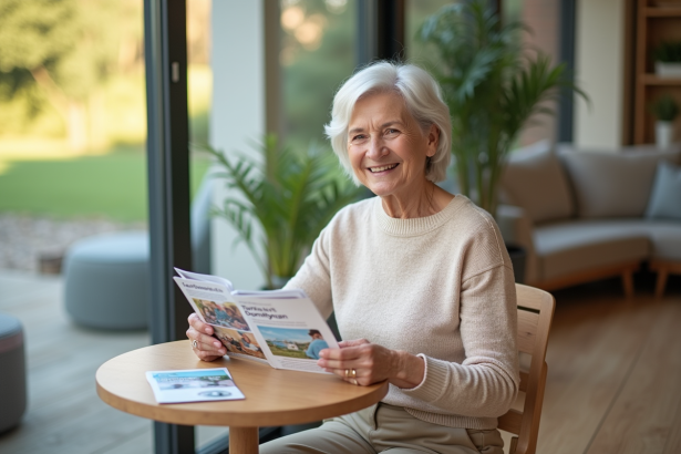 Femme senior souriante avec brochure tarifs Domitys