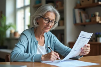 Femme senior lisant une déclaration de pension dans une cuisine lumineuse