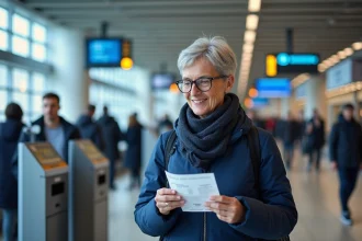 Femme senior souriante à la gare SNCF étudie son billet