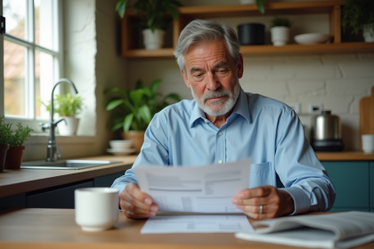 Homme senior lisant une déclaration de pension dans la cuisine