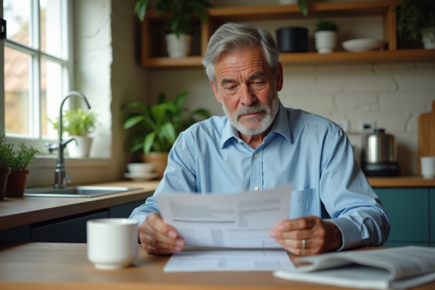 Homme senior lisant une déclaration de pension dans la cuisine