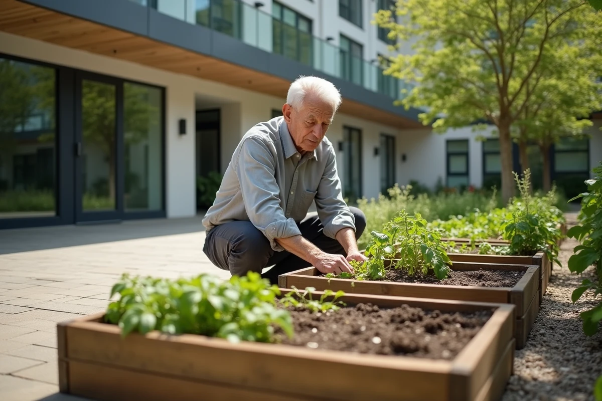 Senior actif jardinent sur la terrasse extérieure d'une résidence alternative à la maison de retraite à Lille