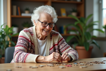 Femme âgée concentrée sur un puzzle dans un salon chaleureux