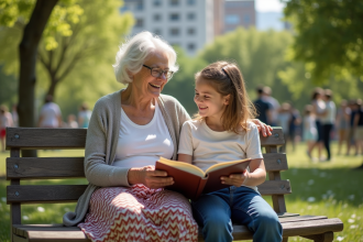 Une femme âgée et une jeune fille lisant ensemble dans un parc urbain
