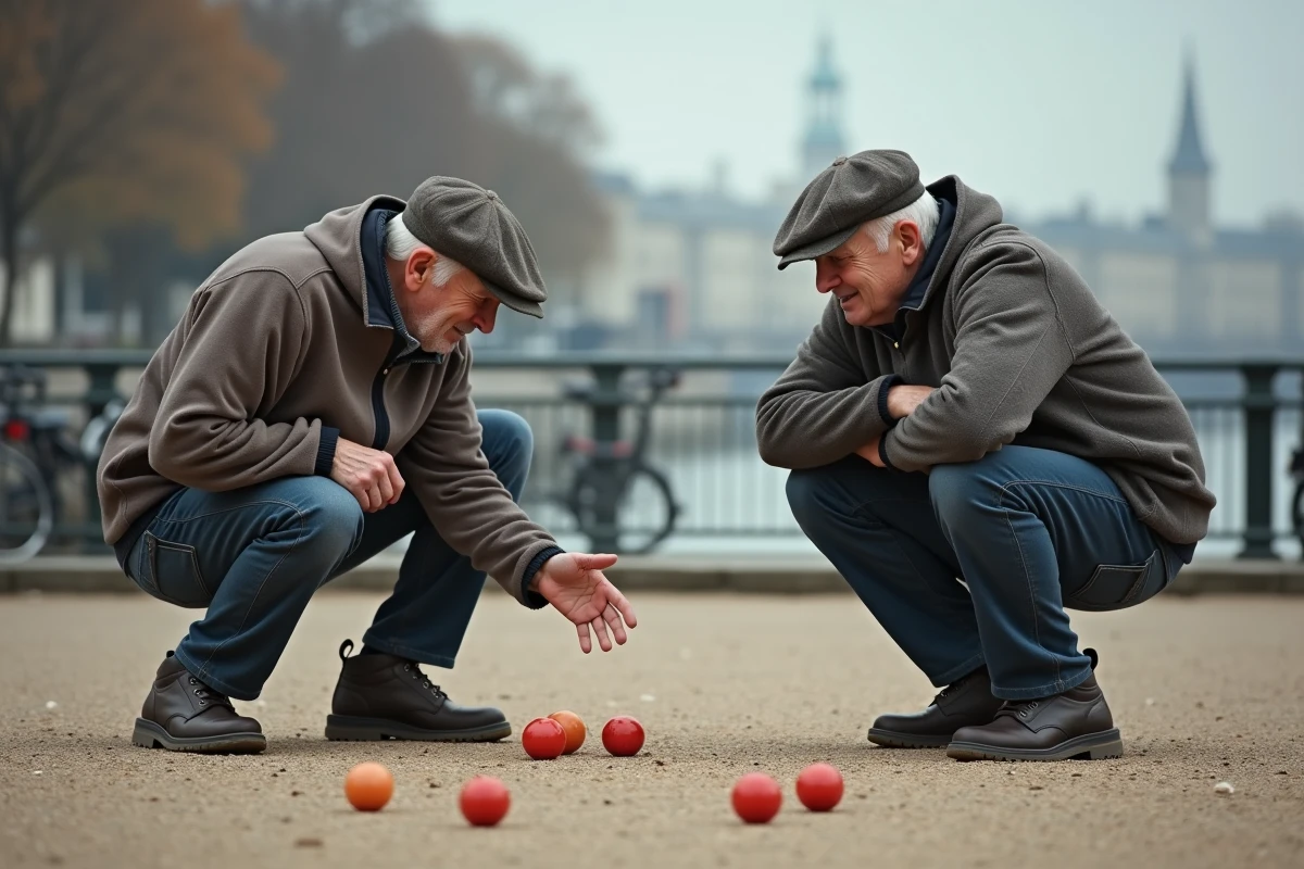 Deux seniors jouant à la pétanque gratuitement sur les quais de Paris en bord de Seine