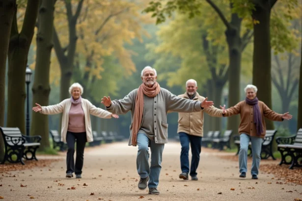Groupe de seniors pratiquant le tai chi en plein air dans un parc parisien lors d'une activité gratuite