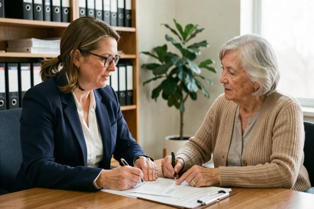 Assistante sociale discutant d'un dossier de signalement avec une personne âgée vulnérable dans un bureau professionnel