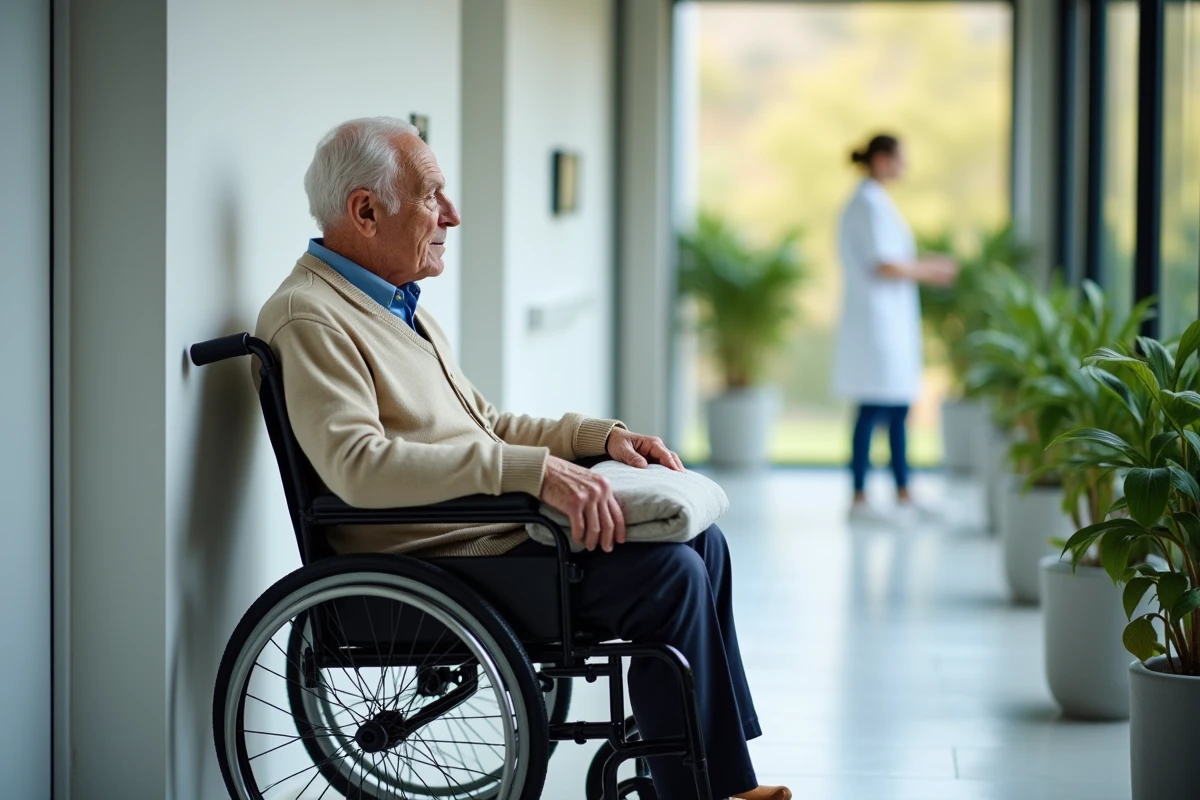 Personne âgée en fin de vie dans un établissement de soins palliatifs accompagnée par une infirmière