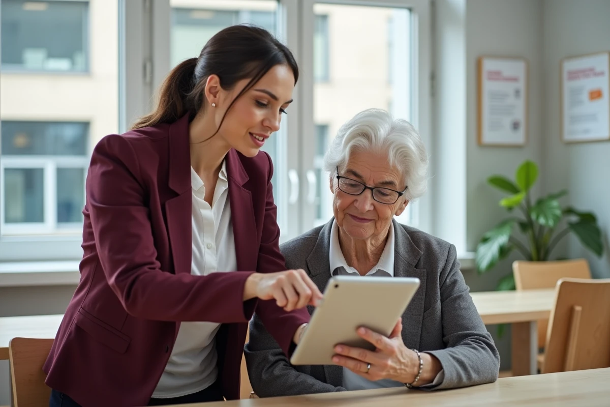 Une travailleuse sociale expliquant le mode d'emploi du portail Proxima à une personne âgée sous protection juridique dans un centre communautaire